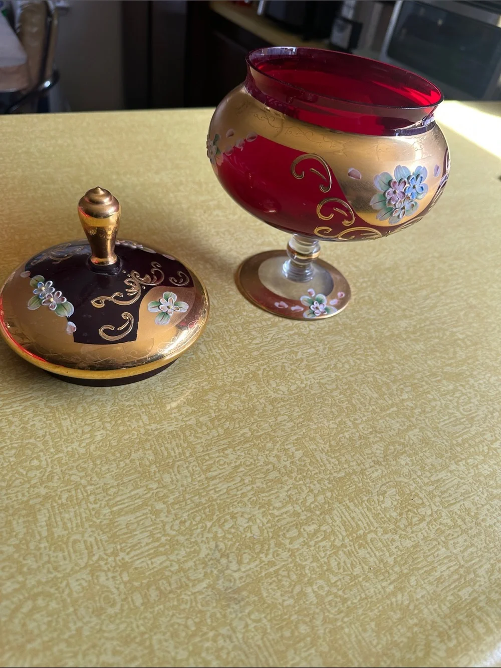 Hand-Painted Ruby Red and Gold Glass Candy Dish with Lid